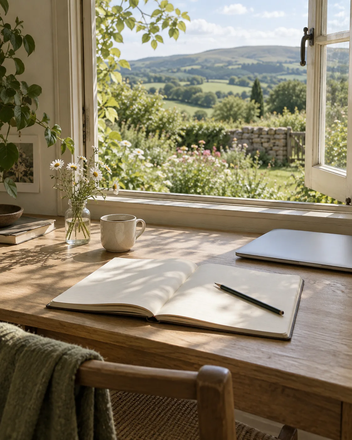 Open notebook and closed laptop on a wooden desk beside a window overlooking green hills