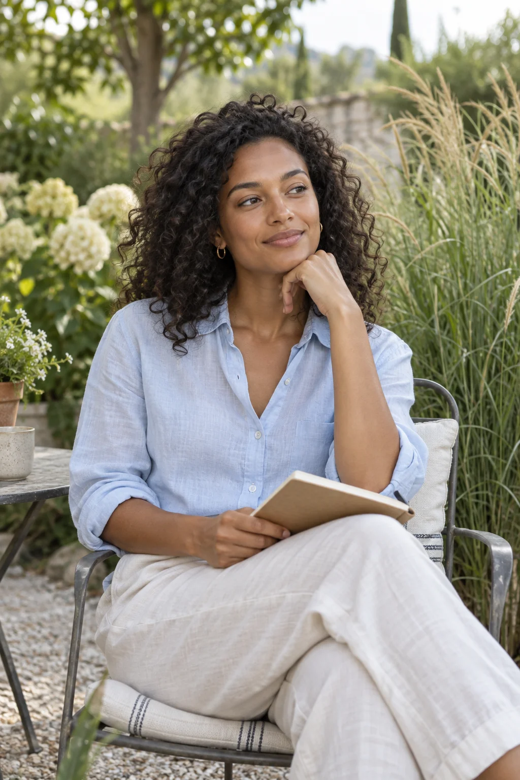 Woman holding a notebook while seated in a garden