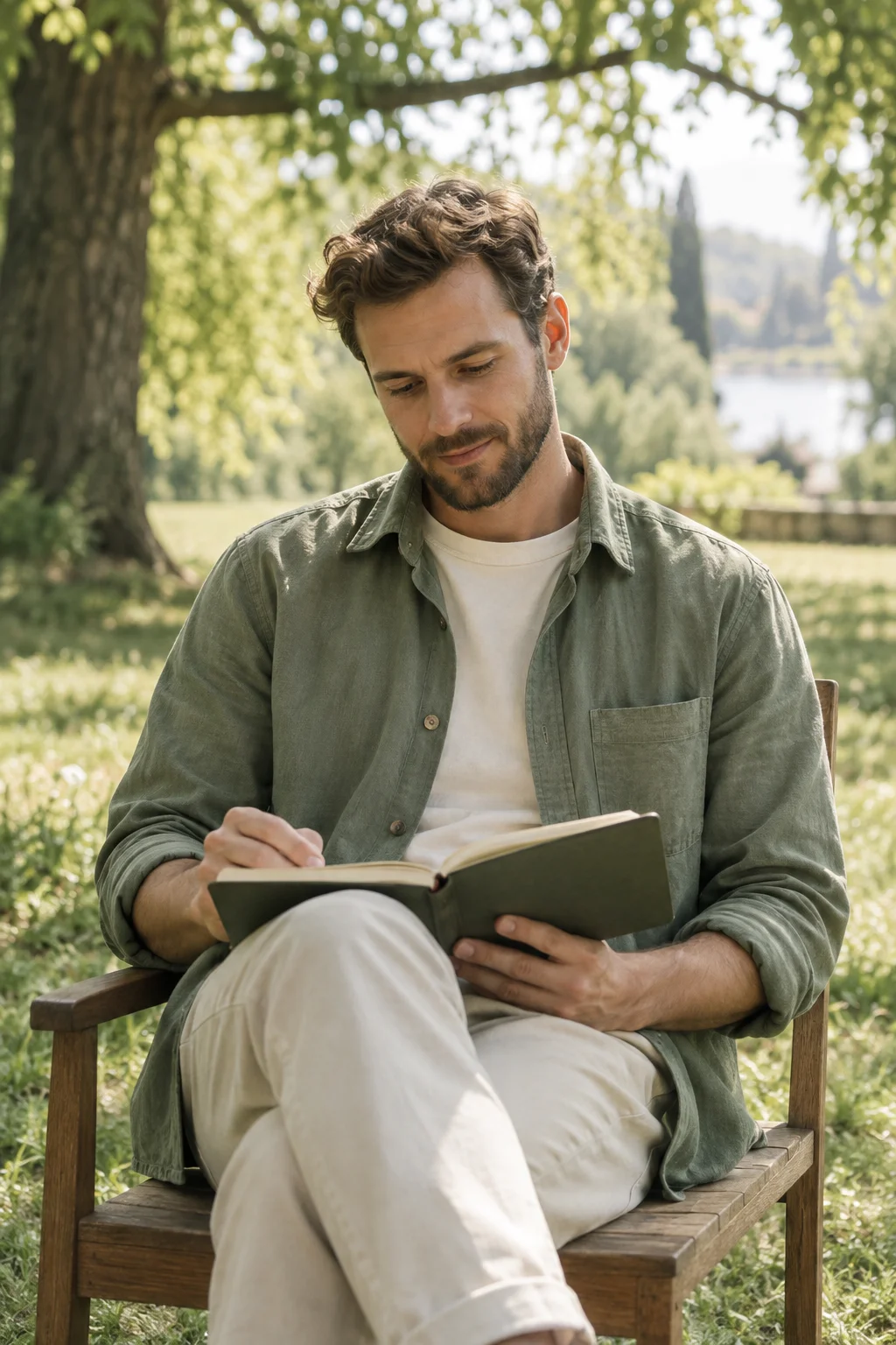 Man in a sage overshirt taking notes outdoors