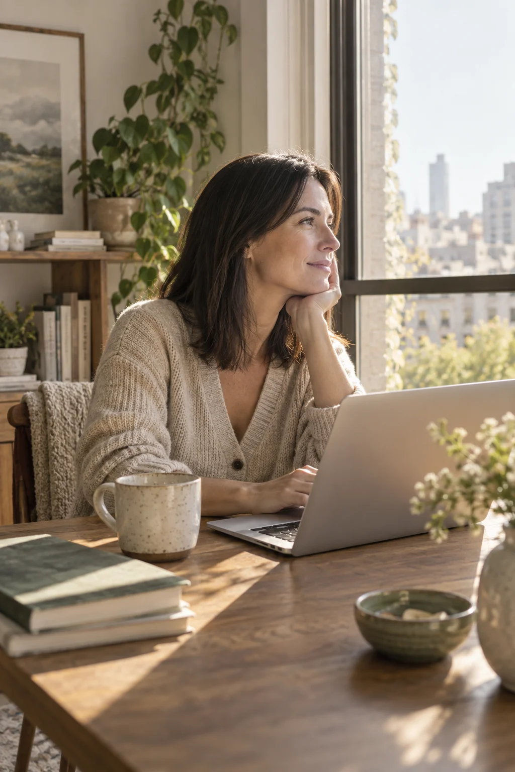 Woman working on a laptop beside a bright window