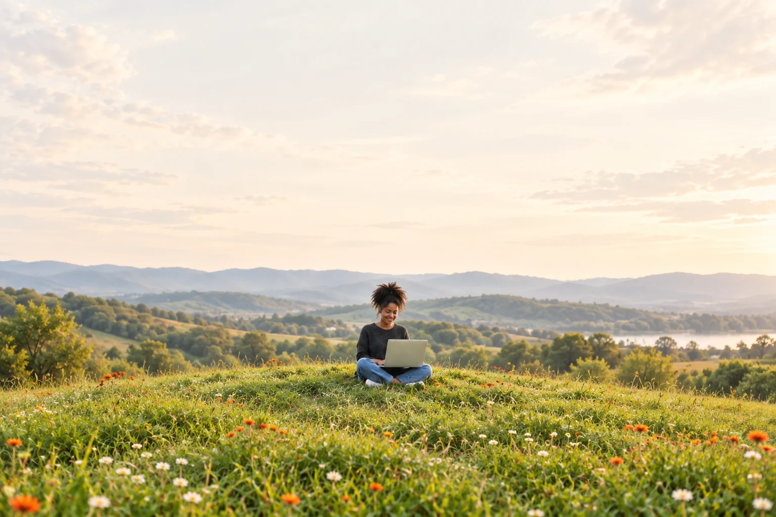 Woman working on a laptop in a wide meadow with hills and mountains behind her