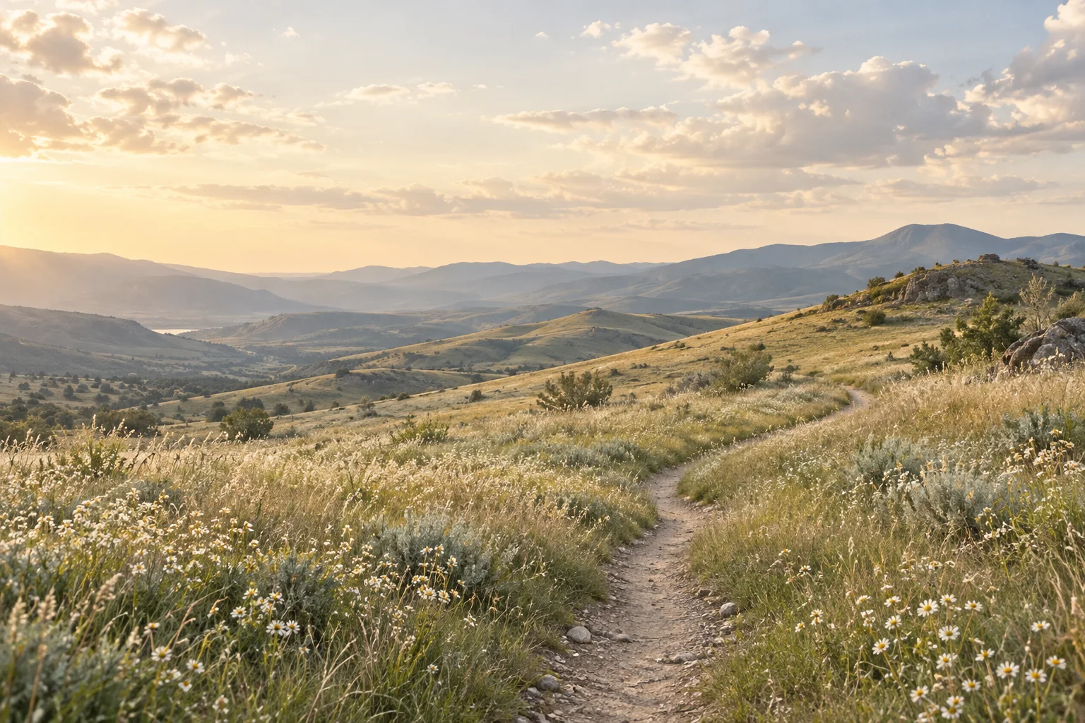 Narrow path through golden grass toward distant ridges at sunset