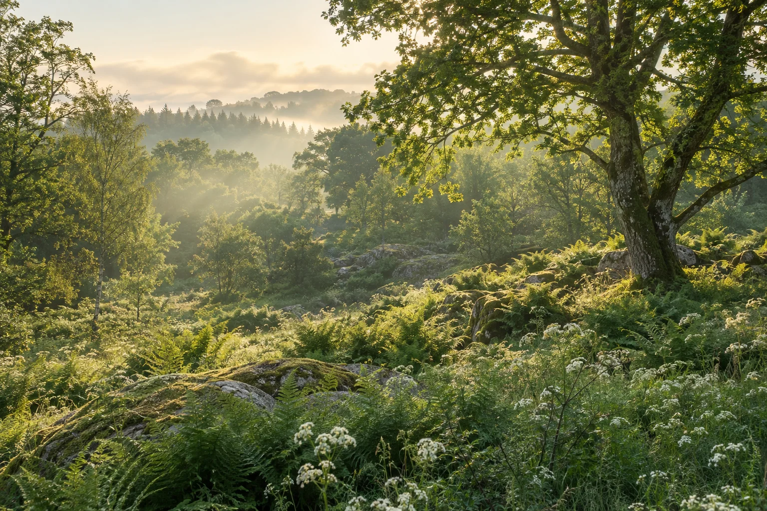 Sunlit woodland clearing beneath oak trees and tall ferns